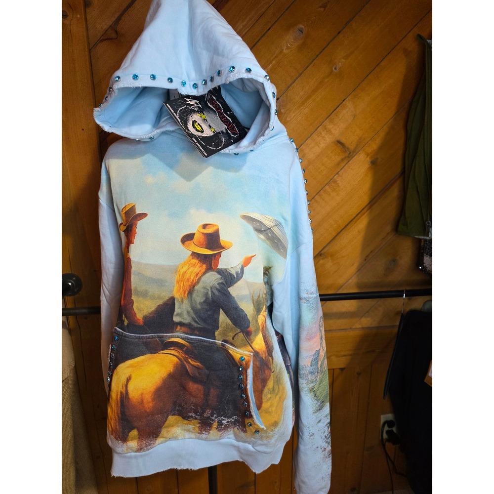 Stray Rats UFO Cowboy Graphic Hoodie Seafoam Rhinestone Studded‎ Mens M NWT